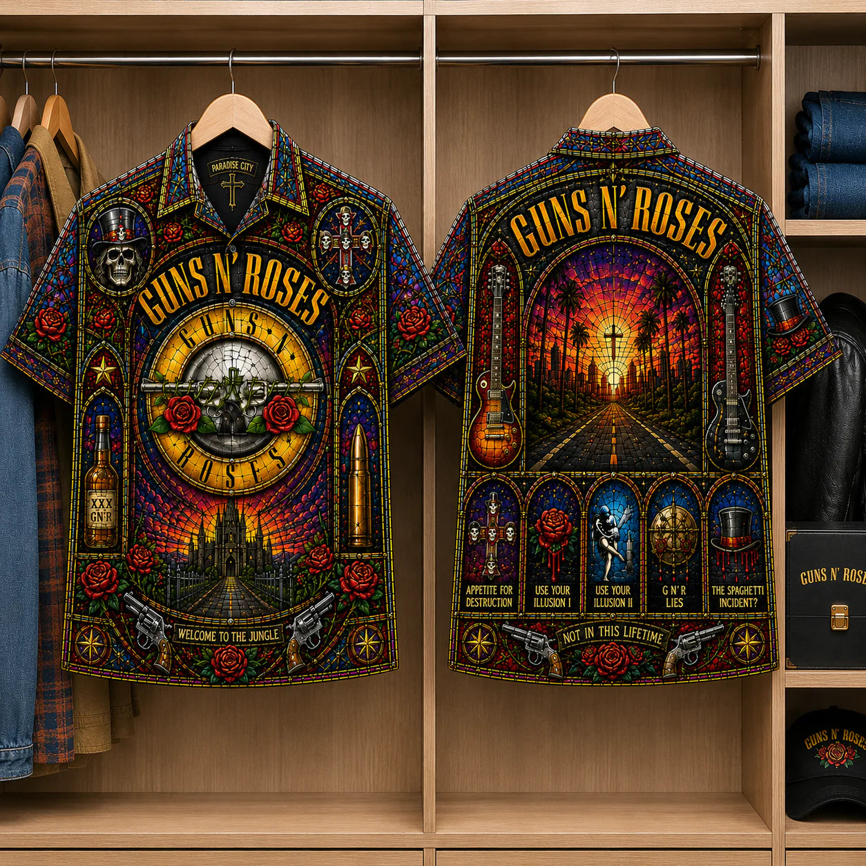Gun N' Roses Stained Glass Hawaiian Shirt - Unisex Button Up