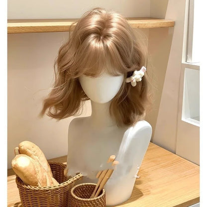 Short Wavy Cosplay Lolita Wigs With Bangs Champagne Gold Bob Synthetic Hair Wigs For Women Heat Resistant Cute And Natural