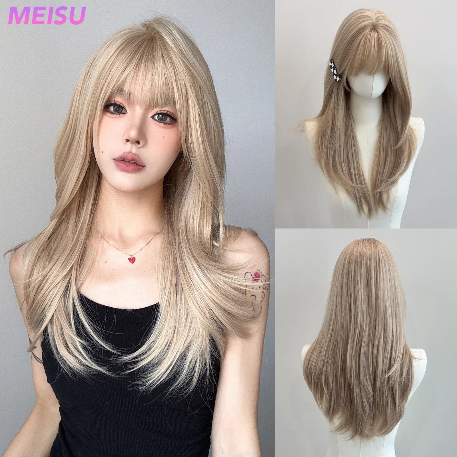 MEISU 24 Inch Synthetic Straight Bangs Wig Layered Fiber Heat-resistant Party or Selfie For Women Daily Use