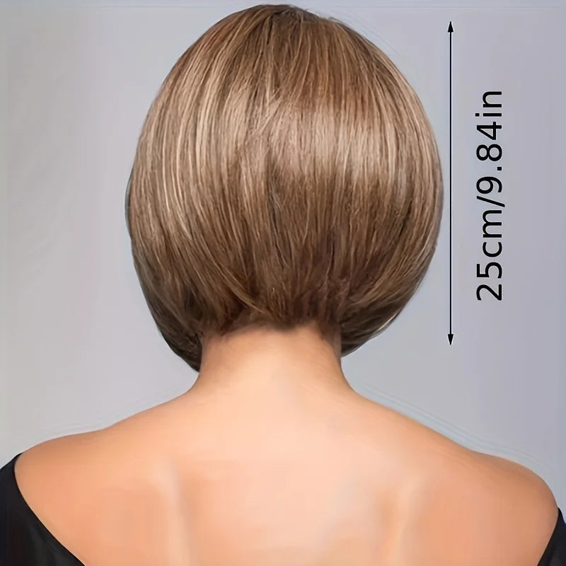 10-inch Brown Lady Fashion Sprite Short Straight Wig with Bangs | Full Rose Net Synthetic Fiber, Exquisite Appearance