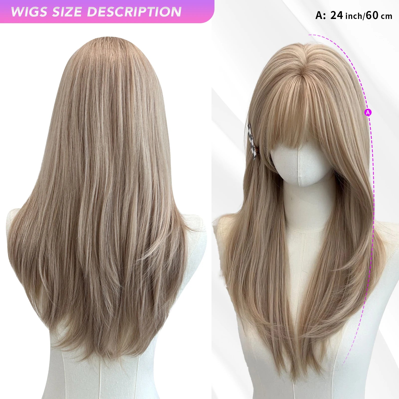 MEISU 24 Inch Synthetic Straight Bangs Wig Layered Fiber Heat-resistant Party or Selfie For Women Daily Use