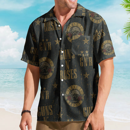Guns N Roses Hawaiian Shirt - Unisex Hard Rock Bullet Logo Black Button Up