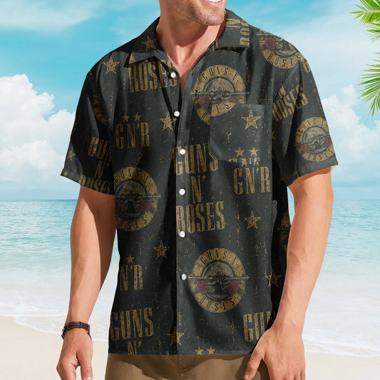 Guns N Roses Hawaiian Shirt - Unisex Hard Rock Bullet Logo Black Button Up