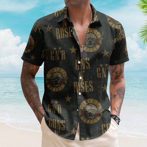 Guns N Roses Hawaiian Shirt - Unisex Hard Rock Bullet Logo Black Button Up